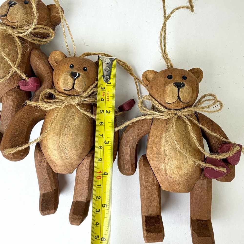 Rustic Wood Teddy Bear Ornaments Set 3 Farmhouse Cottage Decor - Picture 11 of 12